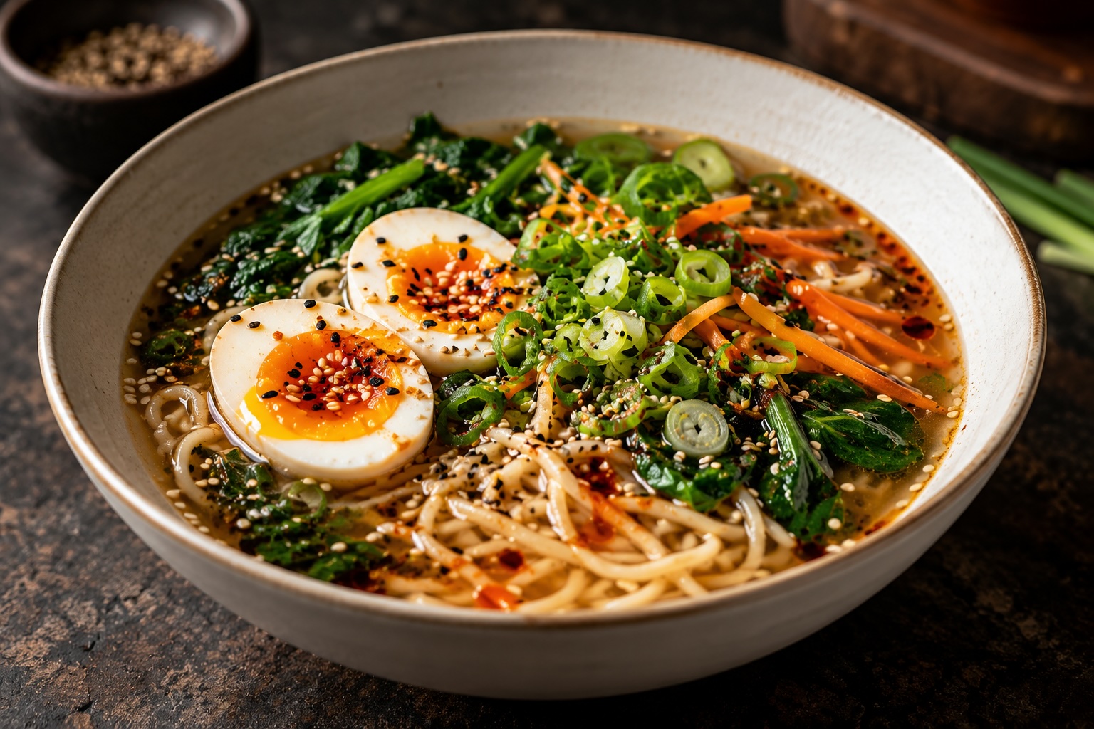 15-Minuten-Ramen mit Ei, Gemüse, Miso und Sesam fertig angerichtet